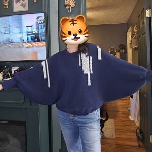 Navy Blue Batwing Sweater with White Accents
